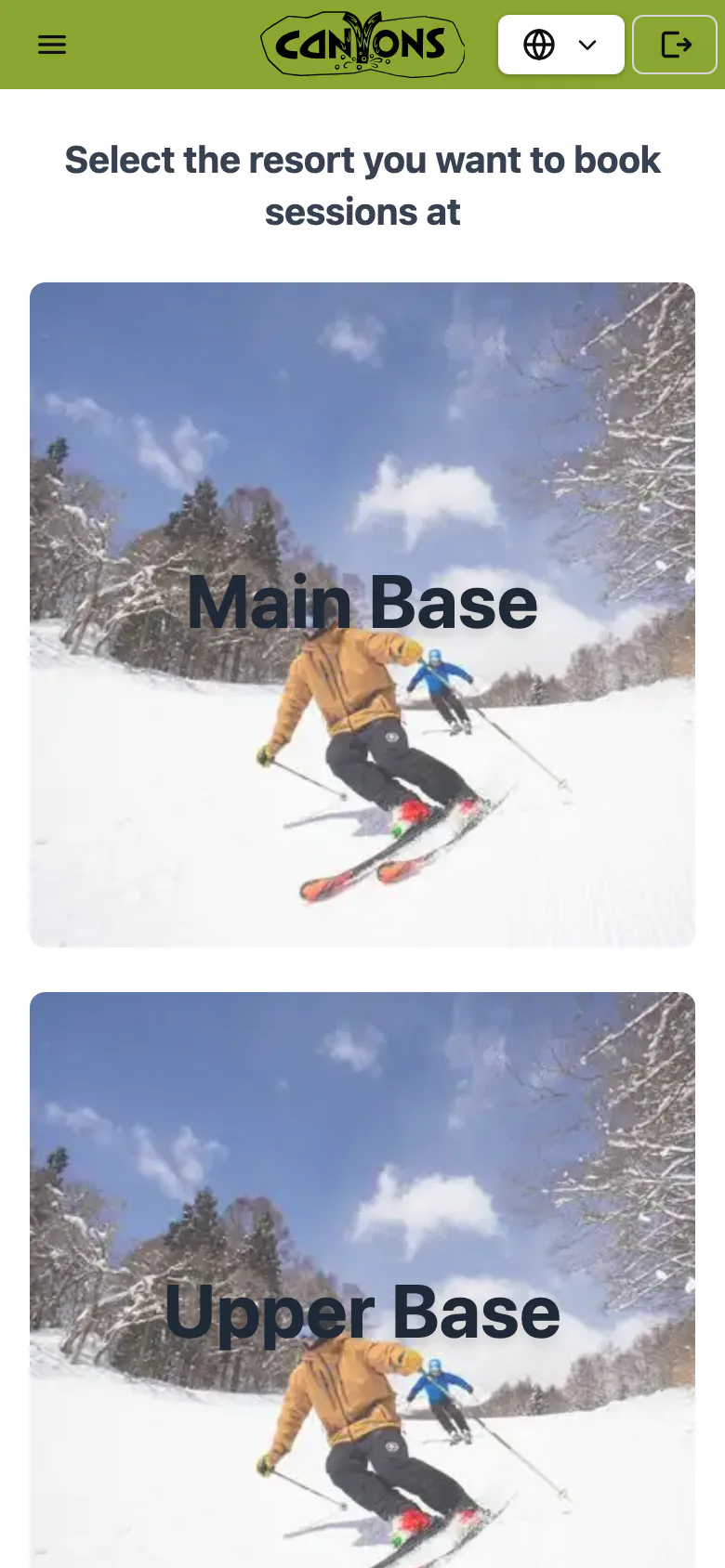 The booking site on a phone: the guest chooses where to book, Main Base or Upper Base.