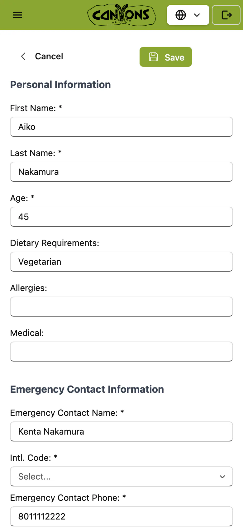 A guest’s details on their phone: name, age, dietary notes and an emergency contact, ready to correct before they arrive.