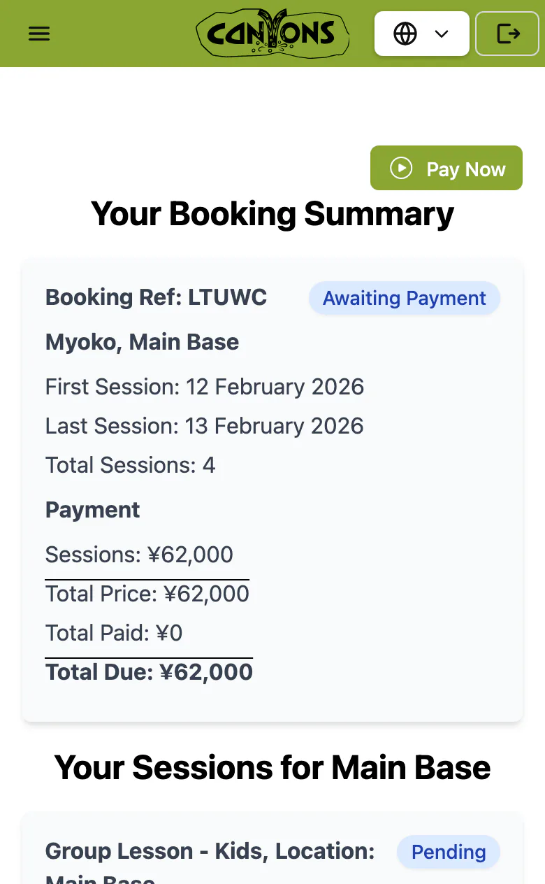 The payment page on a guest’s phone: the booking summary with the total due, and a Pay Now button.