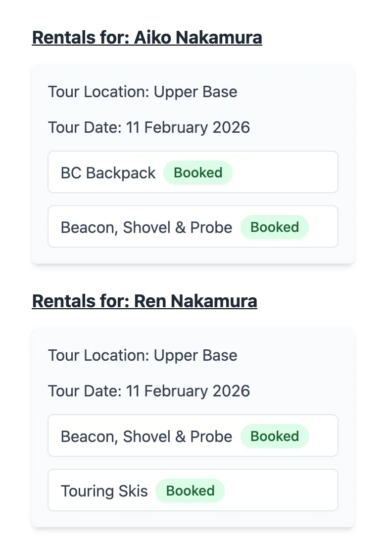 The rental form on a guest’s phone: each guest’s tour date and what is booked for them, a backpack, an avalanche safety kit and touring skis.