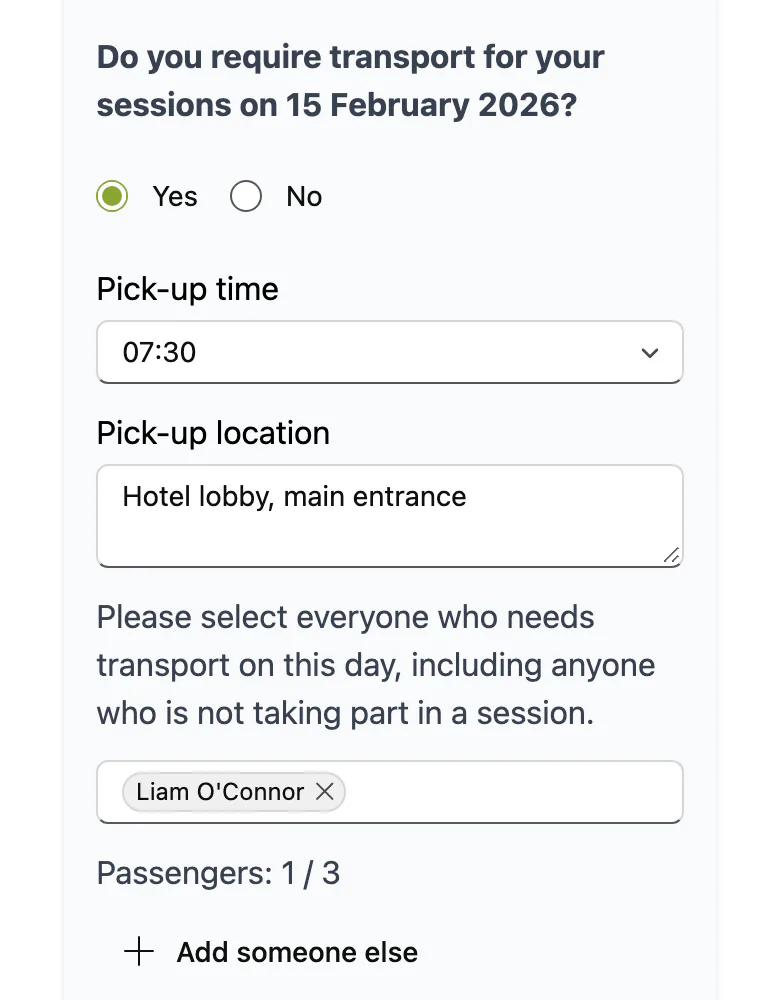 The transport form on a guest’s phone: yes to a pick-up, the time and the pick-up point, and who needs a seat.