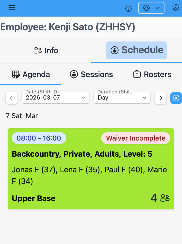 A guide’s own day on their phone: a backcountry tour from 08:00 to 16:00 with the four guests’ names and ages, their level, the meeting place and whether the waiver is signed.