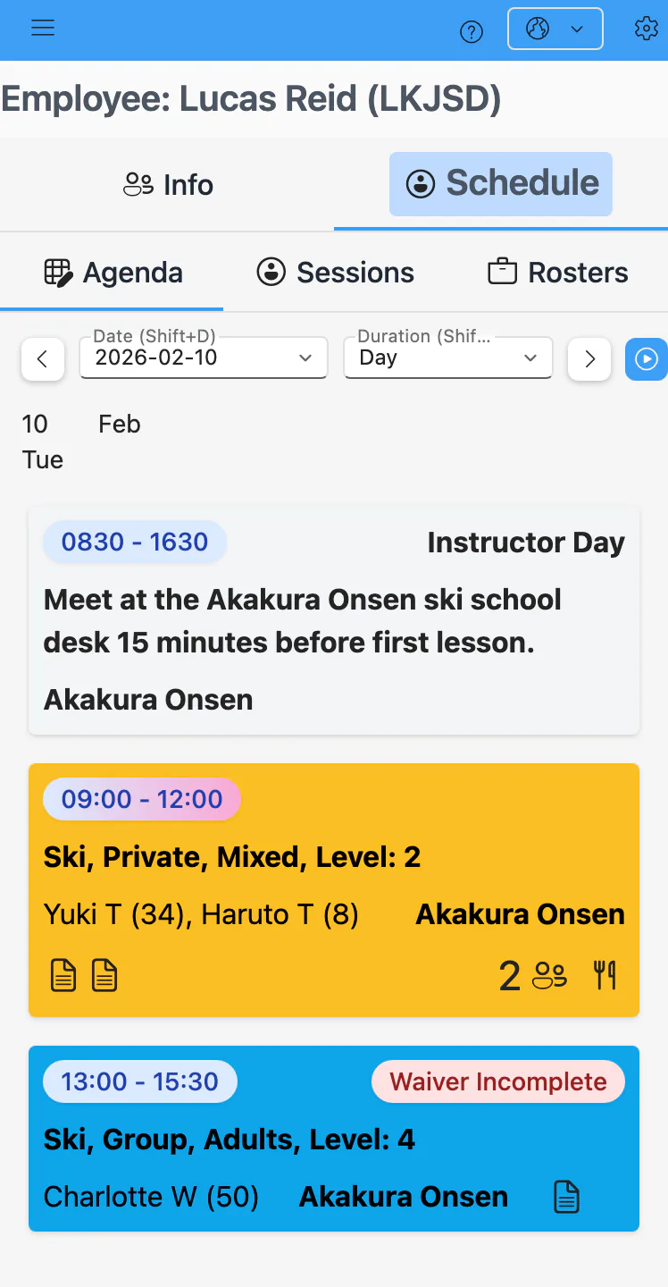 An instructor’s day on their phone: their working hours, a private lesson and a group lesson, with times, level, guests and a waiver still to sign.