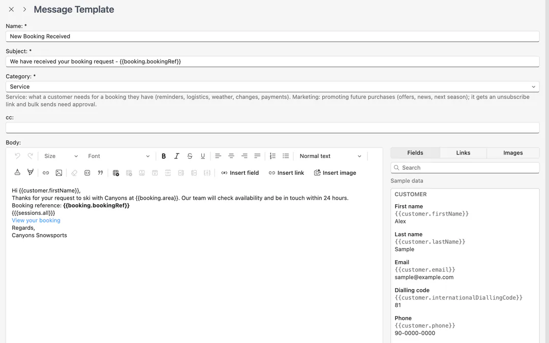 A booking email in the template editor: the subject and message in Canyons’ words, with fields such as the guest’s first name and the booking reference filled in when it is sent, and the list of fields beside it.