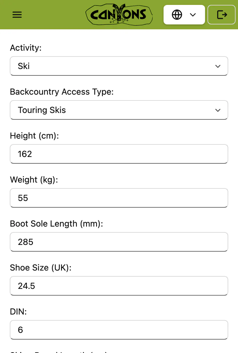 A guest’s equipment sizes on their phone: height, weight, boot sole length, shoe size and DIN, ready for the rental shop.